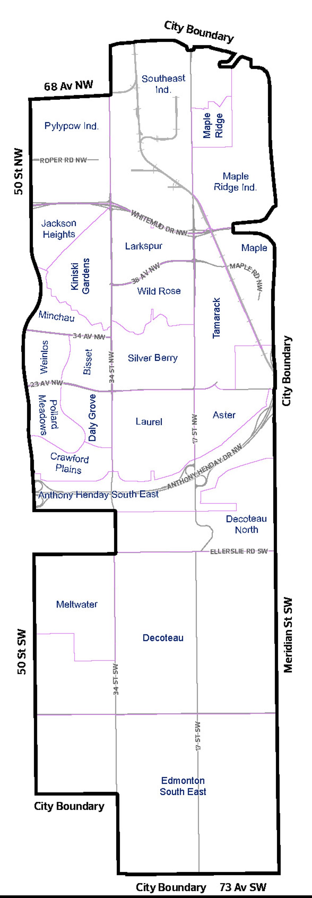 The boundaries are basically from Sherwood Park Freeway south to the City limits at 73 Avenue Southwest. And from 50 Street east to the Henday.